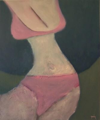 Schilderij getiteld "Pink Bikini" door Scott Spencer, Origineel Kunstwerk, Olie Gemonteerd op Frame voor houten brancard