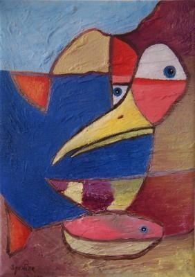 Painting titled "Fisherbird" by Scott Spencer, Original Artwork, Oil Mounted on Wood Stretcher frame