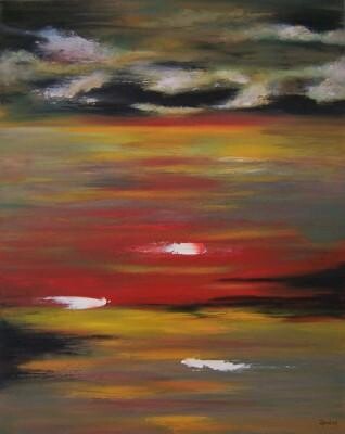 Painting titled "Red Pleasure Sunrise" by Scott Spencer, Original Artwork, Oil Mounted on Wood Stretcher frame