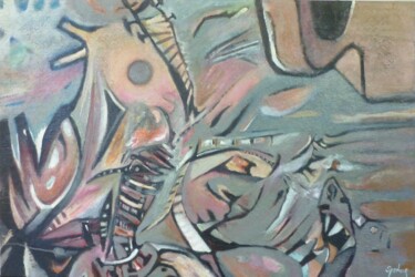 Schilderij getiteld "La Guitarra" door Scott Spencer, Origineel Kunstwerk, Olie Gemonteerd op Frame voor houten brancard