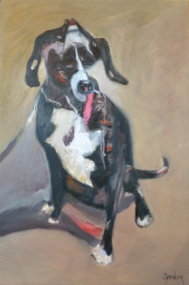Painting titled "Dog on a Leash" by Scott Spencer, Original Artwork, Oil Mounted on Wood Stretcher frame