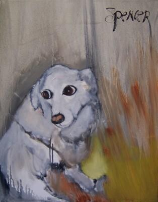 Painting titled "White Dog" by Scott Spencer, Original Artwork, Oil Mounted on Wood Stretcher frame