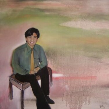 Painting titled "Eddie on a Bench" by Scott Spencer, Original Artwork, Oil Mounted on Wood Stretcher frame