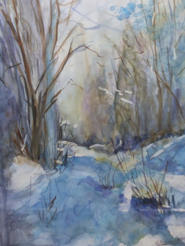 Painting titled "forêt d'hiver" by Genevieve Scouarnec, Original Artwork, Watercolor