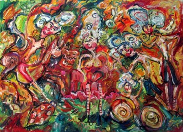 Painting titled "Zsülike és hódolói…" by Csilla Krisztina Schneider, Original Artwork, Oil