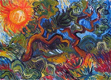 Painting titled "Két tekergő fa / Ol…" by Csilla Krisztina Schneider, Original Artwork, Oil