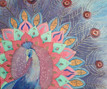 Картина под названием "Peacock beautiful b…" - Svitlana Duvanova, Подлинное произведение искусства, Масло Установлен на Дере…