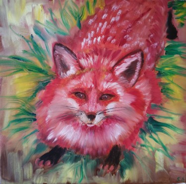 Painting titled "Red fox" by Svitlana Duvanova, Original Artwork, Oil Mounted on Wood Stretcher frame