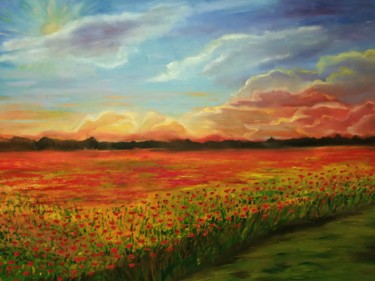 Painting titled "Poppy field" by Svitlana Duvanova, Original Artwork, Oil Mounted on Wood Stretcher frame