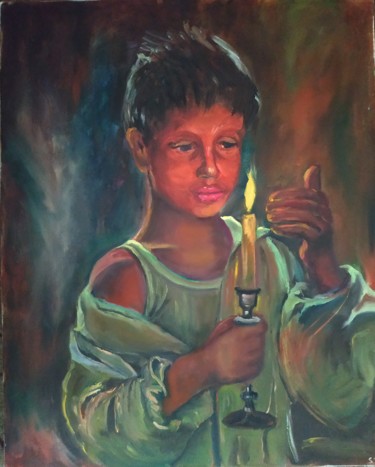 Painting titled "Boy with a candle" by Svitlana Duvanova, Original Artwork, Oil Mounted on Wood Stretcher frame