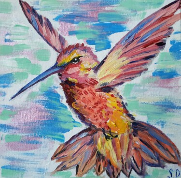 Painting titled "Flying hummingbird 2" by Svitlana Duvanova, Original Artwork, Oil Mounted on Cardboard