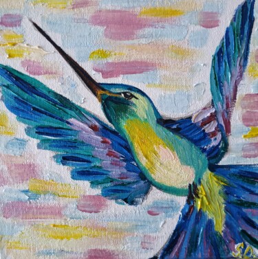 Картина под названием "Flying hummingbird 3" - Svitlana Duvanova, Подлинное произведение искусства, Масло Установлен на карт…