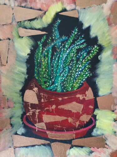 Painting titled "Cactus in the desert" by Svitlana Duvanova, Original Artwork, Oil Mounted on Cardboard