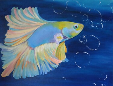 Painting titled "Betta fish" by Svitlana Duvanova, Original Artwork, Oil Mounted on Cardboard