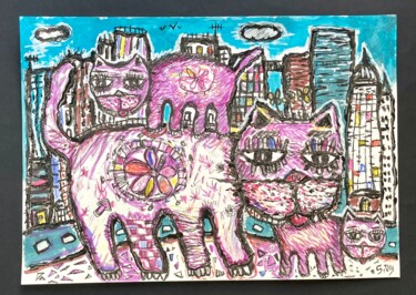Peinture intitulée "Chat chatte chatons…" par Sylvain Dez, Œuvre d'art originale, Acrylique