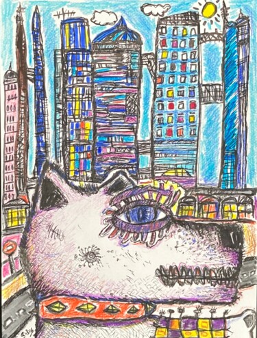 Drawing titled "Dessin Chien ville…" by Sylvain Dez, Original Artwork, Ink