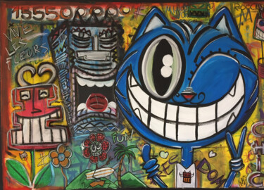 Картина под названием "Tiki & Miaoooo" - Seb Paul Michel, Подлинное произведение искусства, Акрил Установлен на Деревянная р…