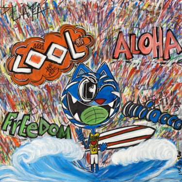 Painting titled "Cool,Aloha et Miaoo…" by Seb Paul Michel, Original Artwork, Acrylic Mounted on Wood Stretcher frame