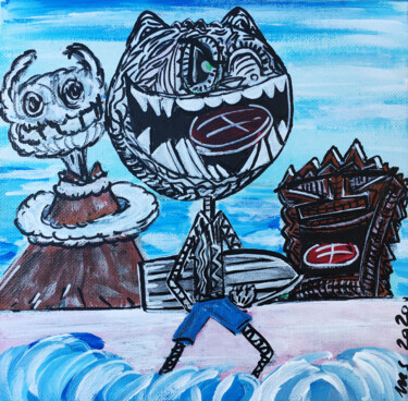 Painting titled "Miaooo et surf" by Seb Paul Michel, Original Artwork, Acrylic