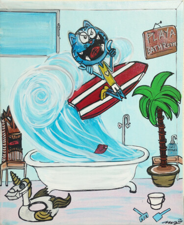 Painting titled "Surf en mode confiné" by Seb Paul Michel, Original Artwork, Acrylic Mounted on Wood Stretcher frame