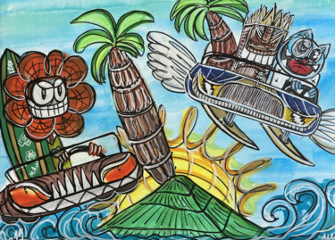 Malerei mit dem Titel "Tous à la playa" von Seb Paul Michel, Original-Kunstwerk, Acryl