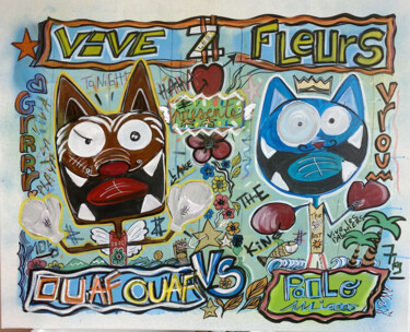 Painting titled "Ouaf Vs Miaooo" by Seb Paul Michel, Original Artwork, Acrylic Mounted on Wood Stretcher frame