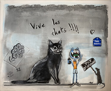 Painting titled "Vive les chats, les…" by Seb Paul Michel, Original Artwork, Acrylic Mounted on Wood Stretcher frame