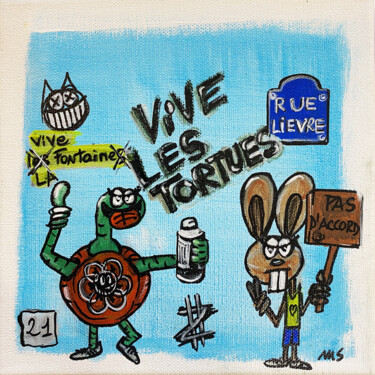 Картина под названием "Vive les tortues et…" - Seb Paul Michel, Подлинное произведение искусства, Акрил Установлен на Деревя…