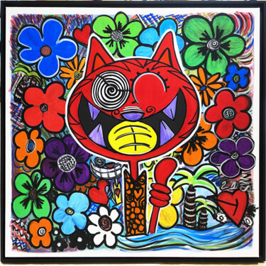 Картина под названием "Red cat" - Seb Paul Michel, Подлинное произведение искусства, Акрил Установлен на Деревянная рама для…