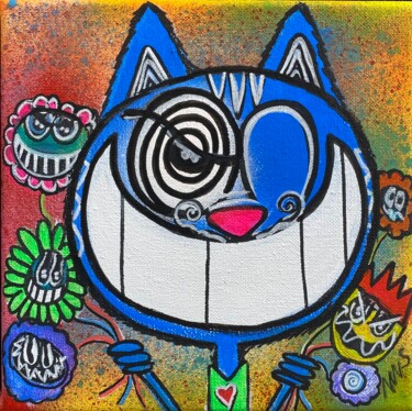 Painting titled "Vive les chats bleu…" by Seb Paul Michel, Original Artwork, Acrylic Mounted on Wood Stretcher frame