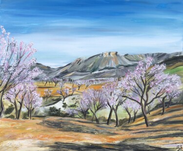 Schilderij getiteld "Blossoms in hilly l…" door Bas Van Bemmel, Origineel Kunstwerk, Gouache