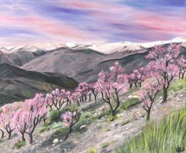 Schilderij getiteld "Blossoms at mountai…" door Bas Van Bemmel, Origineel Kunstwerk, Gouache