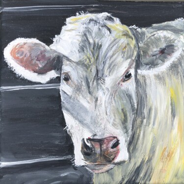 Malerei mit dem Titel "Head of white cow" von Bas Van Bemmel, Original-Kunstwerk, Gouache