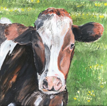 Painting titled "Head of brown cow" by Bas Van Bemmel, Original Artwork, Gouache