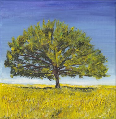 Solitaire tree in grain field Schilderij getiteld "Solitaire tree in g…" door Bas Van Bemmel, Origineel Kunstwerk, Gouache