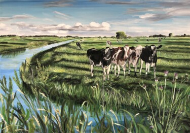Pintura titulada "Dutch polder with f…" por Bas Van Bemmel, Obra de arte original, Gouache