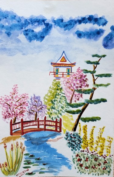 Peinture intitulée "pagode japonaise" par Sebastian Ponchaut (sterton), Œuvre d'art originale, Aquarelle