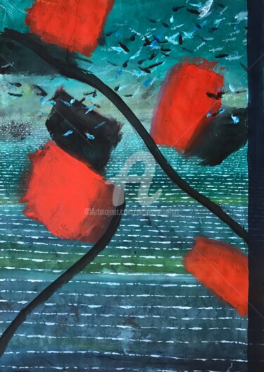 Peinture intitulée "Oseaux entre Rouge…" par Sebastian Olivier Burckhardt, Œuvre d'art originale, Acrylique
