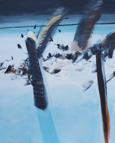 Painting titled "Neige, oiseaux, pot…" by Sebastian Olivier Burckhardt, Original Artwork, Acrylic