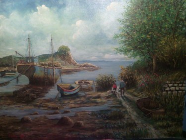 Painting titled "Marée basse, pêche…" by Sébastien Frau, Original Artwork, Oil