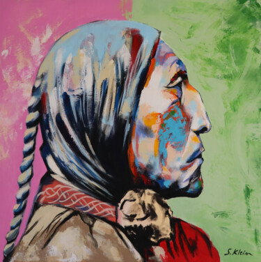 Painting titled "Chief Wolf Robe" by Sébastien Klein, Original Artwork, Acrylic Mounted on Wood Stretcher frame