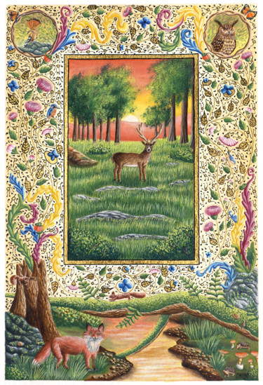 Pittura intitolato "Forêt au crépuscule" da Sébastien Maillard, Opera d'arte originale, Tempera