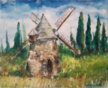 Pintura titulada "le moulin aux cypres" por Sebastien Simonet, Obra de arte original, Oleo