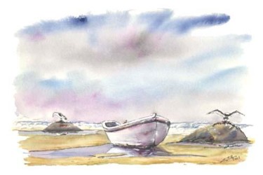 Pintura titulada "Bote en la orilla" por Sebastián Castillos, Obra de arte original, Oleo