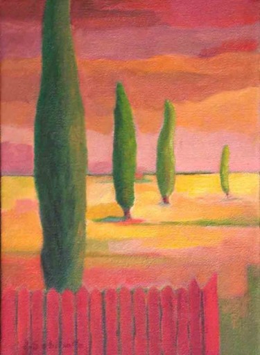 Peinture intitulée "La clôture rouge" par Jean Sebillotte, Œuvre d'art originale, Huile
