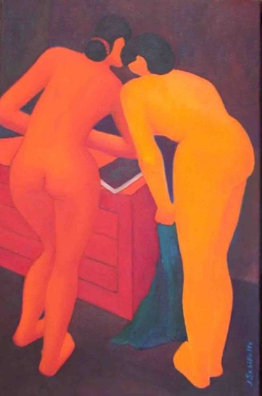 Peinture intitulée "Secret au livre rou…" par Jean Sebillotte, Œuvre d'art originale, Huile