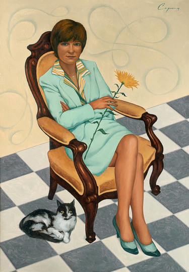 Malarstwo zatytułowany „Lady with chrysanth…” autorstwa Николай Седнин (Nicolas Sedninne), Oryginalna praca, Olej