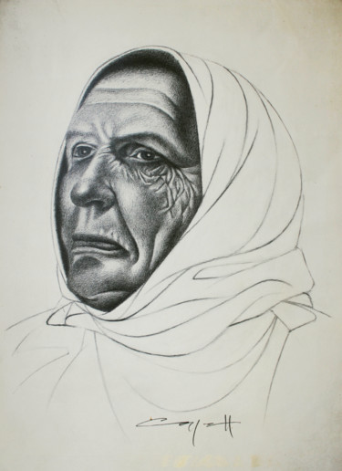 Tekening getiteld "Portrait of old wom…" door Nikolaj Sednin (Nicolas Sedninne), Origineel Kunstwerk, Grafiet