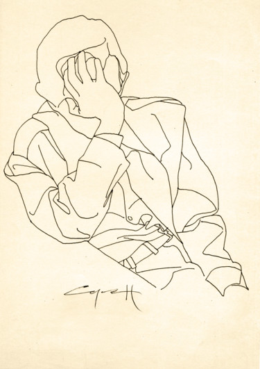 Drawing titled "Oleg listens to mus…" by Nikolai Sednin (Nicolas Sednin), Original Artwork, Ink