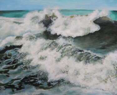 Painting titled "The sea is worried…" by Natalia Fedotovskikh, Original Artwork, Oil Mounted on Wood Stretcher frame